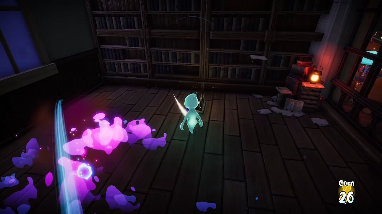 Escena de juego en primera persona dentro de una biblioteca virtual, con un personaje luminoso y estelas moradas sobre el suelo de madera.