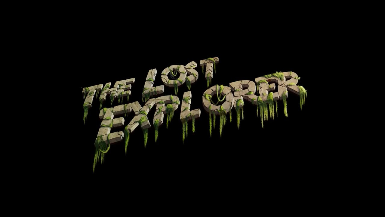 Logotipo tridimensional de “The Lost Explorer” construido con letras de piedra agrietada y cubierta de musgo verde sobre fondo negro.