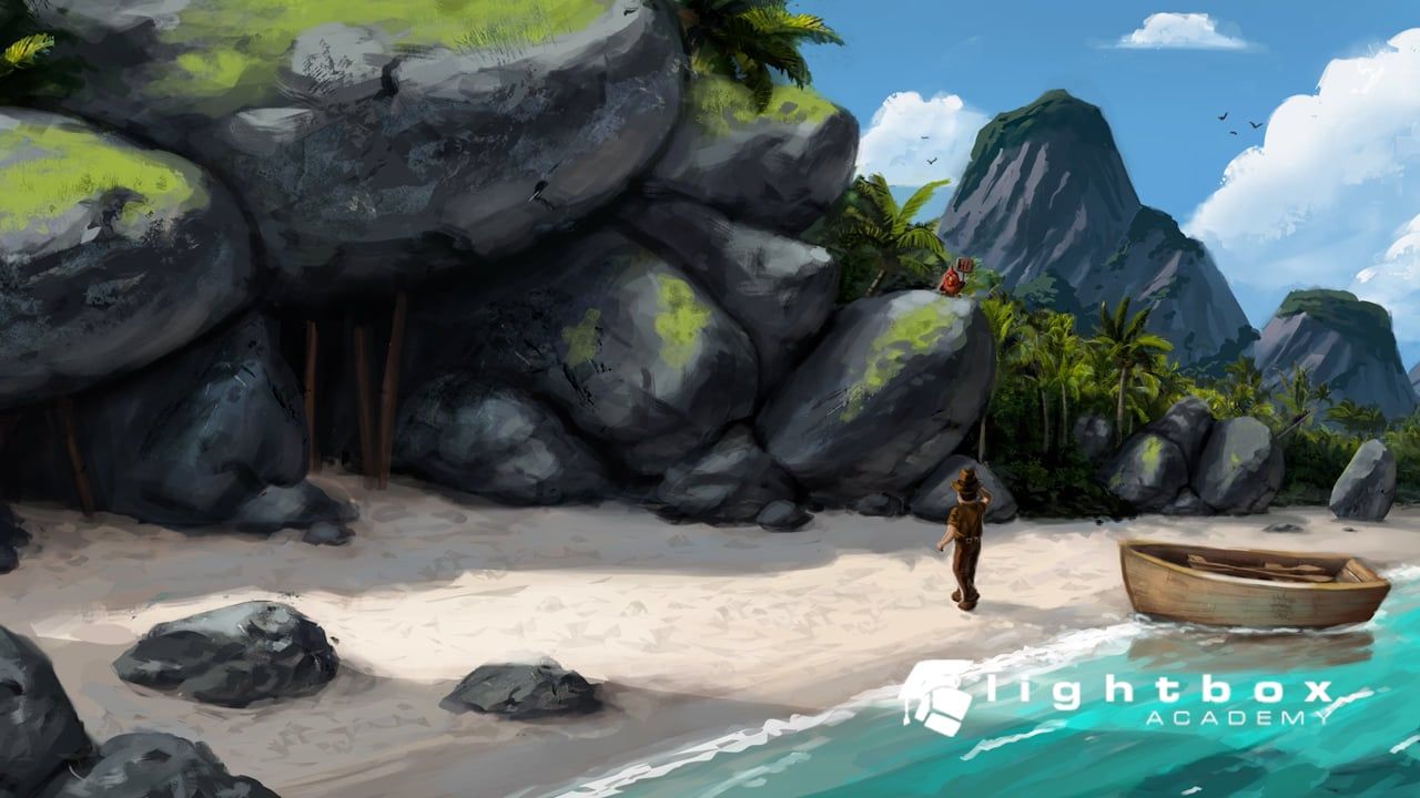 Ilustración digital de una playa tropical con grandes rocas, palmeras y montañas, donde un explorador con sombrero desembarca junto a una cabaña excavada en la roca.