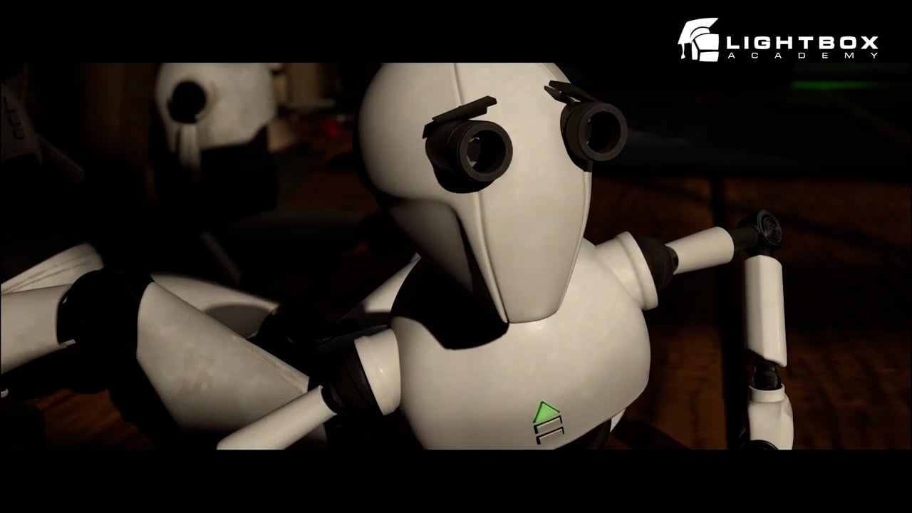 Primer plano de un robot blanco con expresión curiosa, modelado en 3D, con detalles en negro y luz cálida; parte del corto “Beep” de Lightbox Academy.