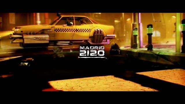 Taxi futurista amarillo flotando en las calles iluminadas de una ciudad bajo el título “Madrid 2120”.