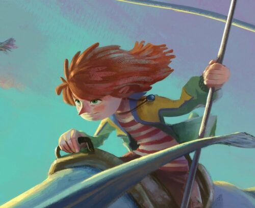 Ilustración digital de estilo pictórico donde una niña de cabello rojizo pilota una criatura voladora con montura y riendas; viste abrigo amarillo y camiseta de rayas, fondo de cielo azul verdoso con pinceladas dinámicas