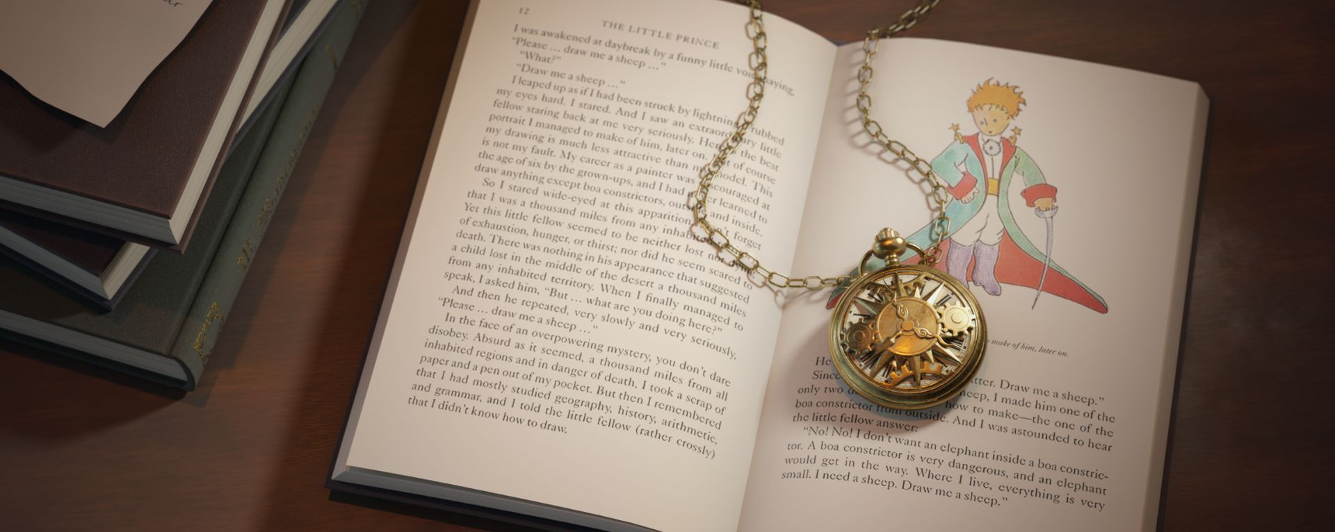 reloj de bolsillo sobre libro abierto iluminado en el Máster En Lighting And Shading