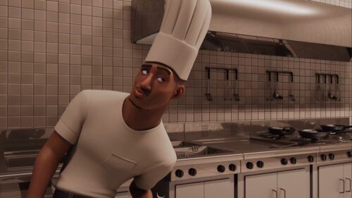 Personaje animado 3D de chef con uniforme blanco y gorro, en una cocina profesional con azulejos blancos.