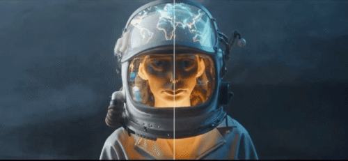 Astronauta con casco futurista dividido mostrando comparativa antes/después de efectos visuales, con reflejos de la Tierra y elementos espaciales.