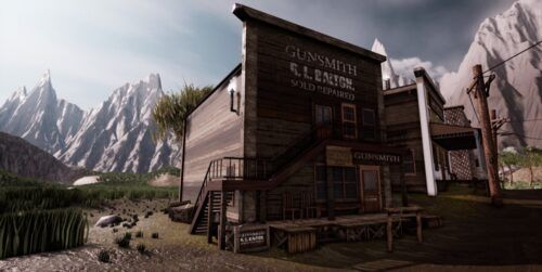 Pueblo del viejo oeste americano modelado en 3D con edificios de madera, montañas al fondo y letrero "Gunsmith R.J. Ranch - Sold Repaired".