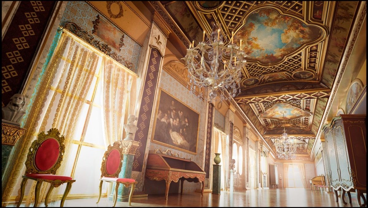 Salón palaciego de estilo clásico con techos pintados, lámparas de araña y mobiliario dorado, realizado por Nacho Yague para curso de environment y mattepainting