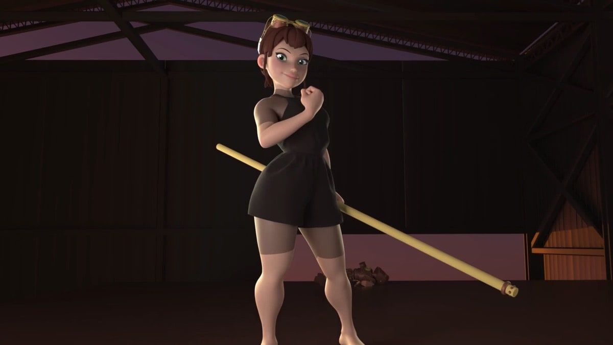 Personaje femenino 3D en traje negro sosteniendo un bastón largo, posando en interior industrial con estructura metálica