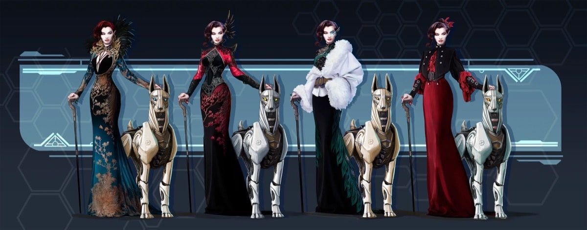 Grupo de cinco mujeres elegantes con vestidos largos y perros robóticos, ambientación futurista y detalles de moda, concept art avanzado por Maria Alonso