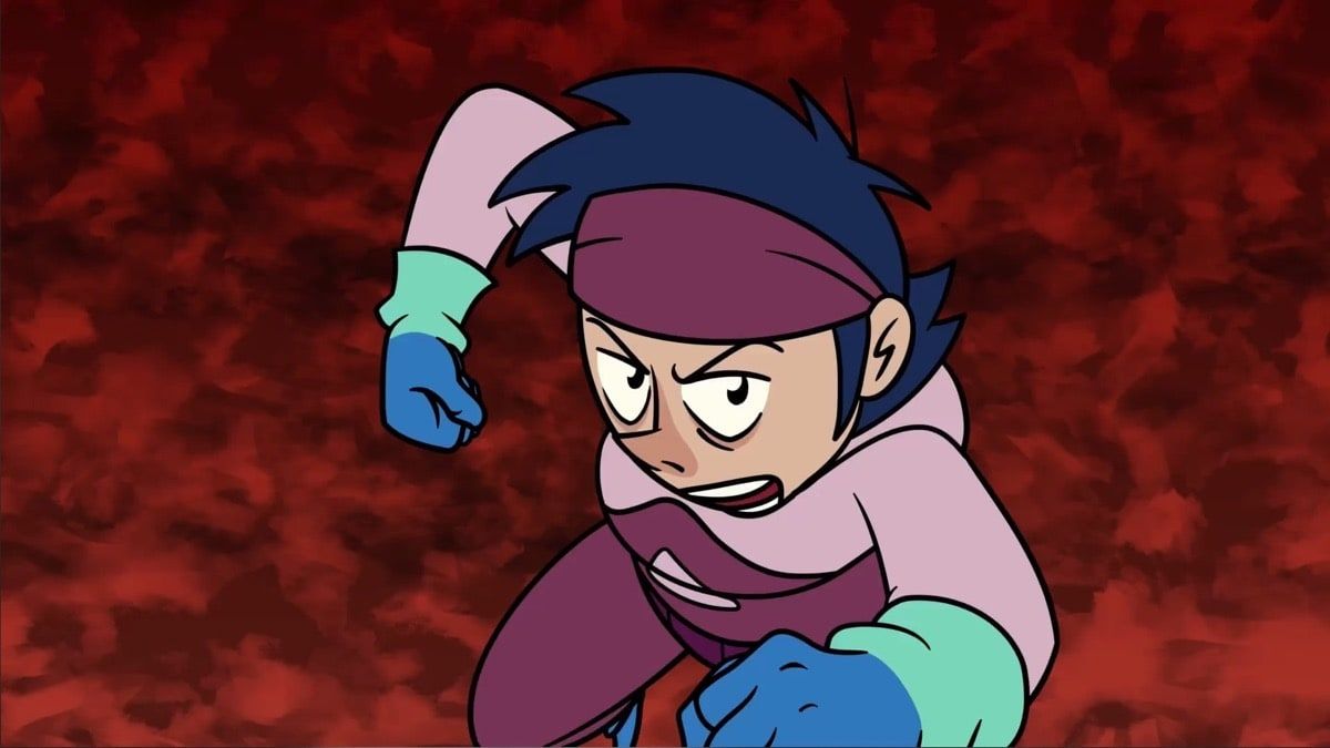 Primer plano animado 2D de personaje con cinta en la cabeza y guantes azules, en actitud de acción sobre fondo rojo