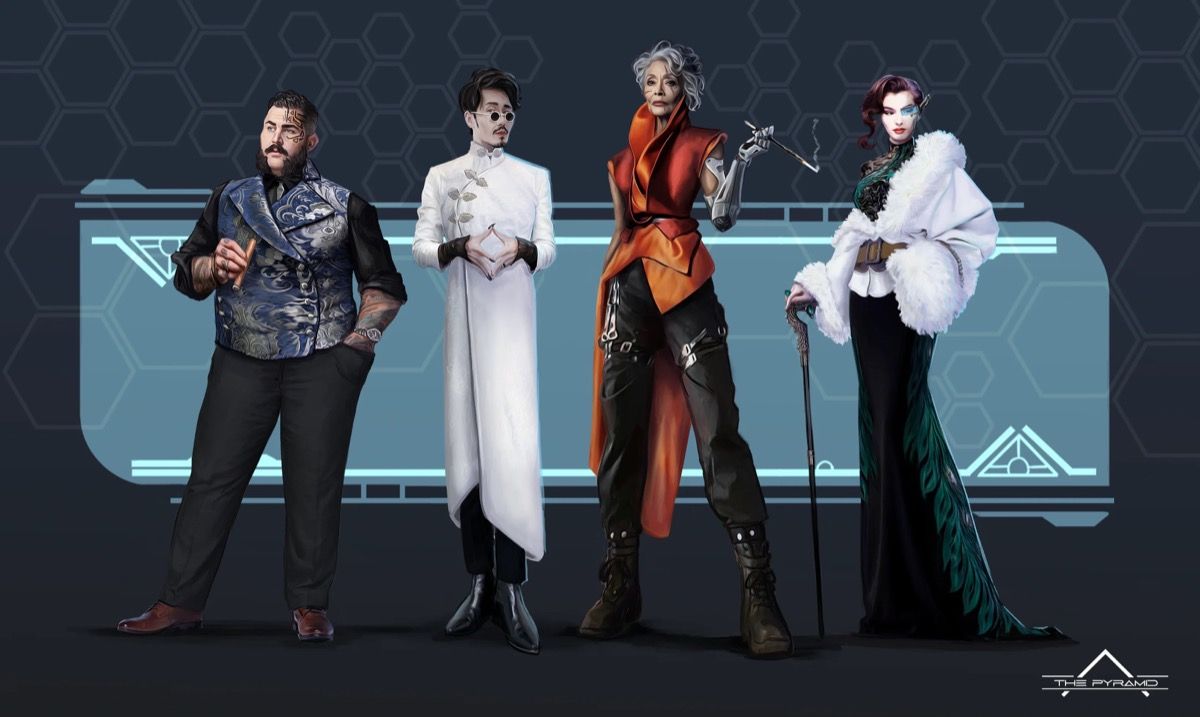 Diseño de grupo de personajes estilizados en vestuario futurista y elegante, concept art avanzado por Maria Alonso para el máster superior en ilustración y Concept Art