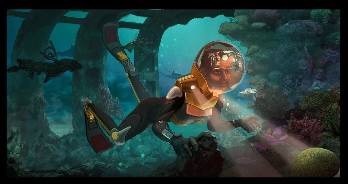 Ilustración digital de una buceadora con traje futurista explorando un arrecife submarino, con rayos de luz y ruinas en el fondo, realizada por Alina Gille