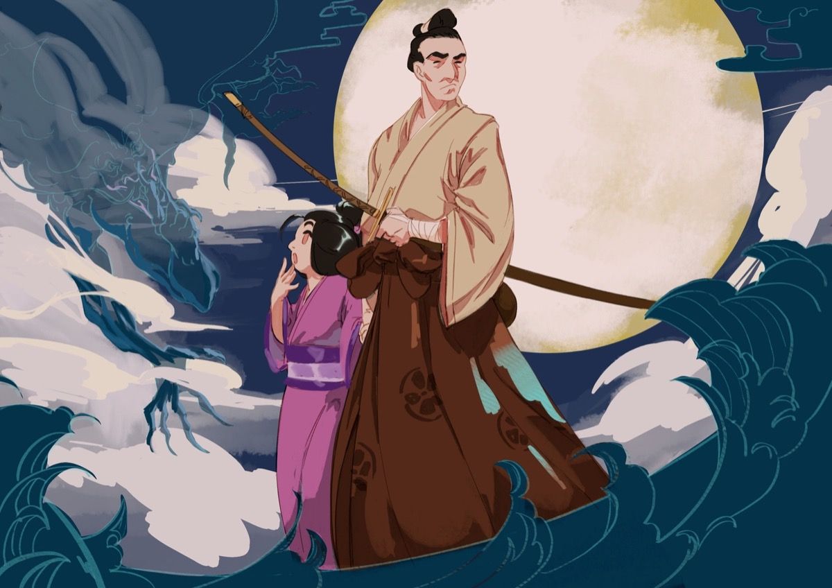 Ilustración digital de samurái con kimono marrón y katana, acompañado de figura femenina en kimono rosa, fondo de luna llena y dragón azul, realizada por Arturo Mora