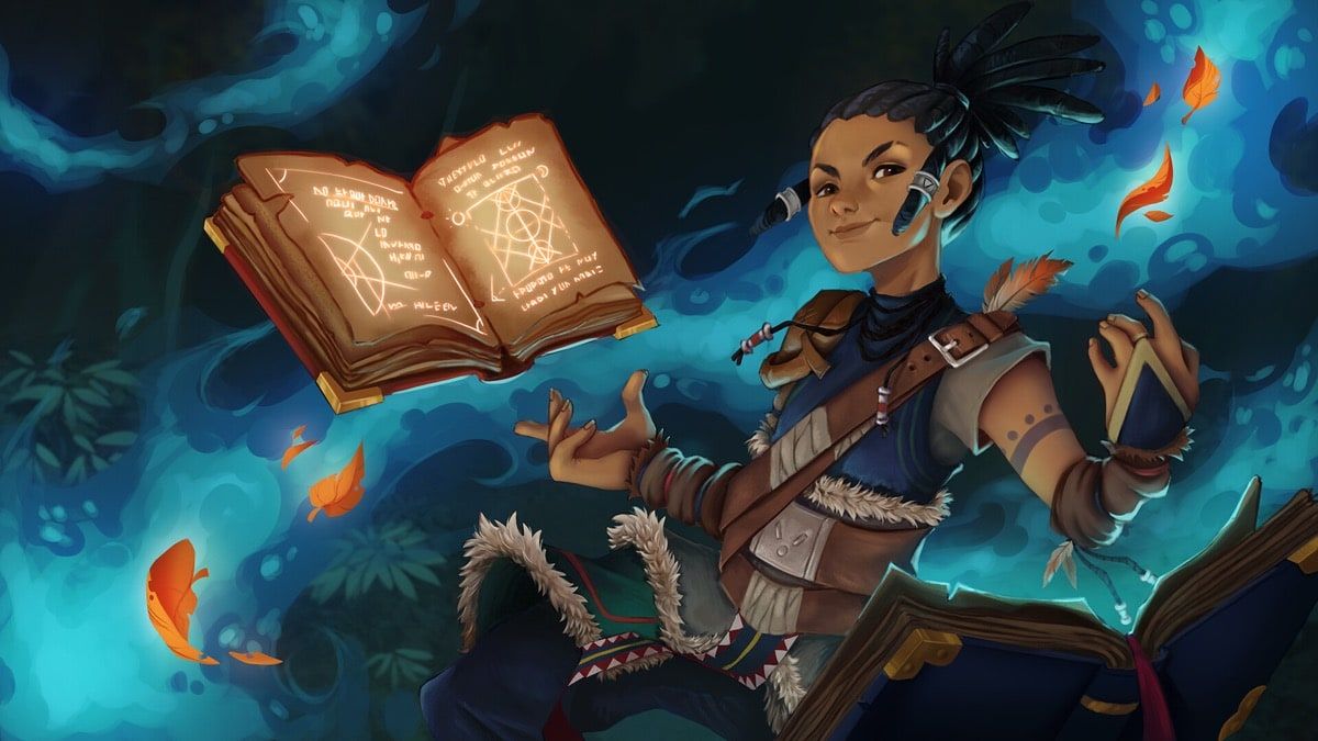 Ilustración digital de joven druida en bosque mágico, con libros flotantes, hojas y símbolos místicos, realizada por Natalia de Grado