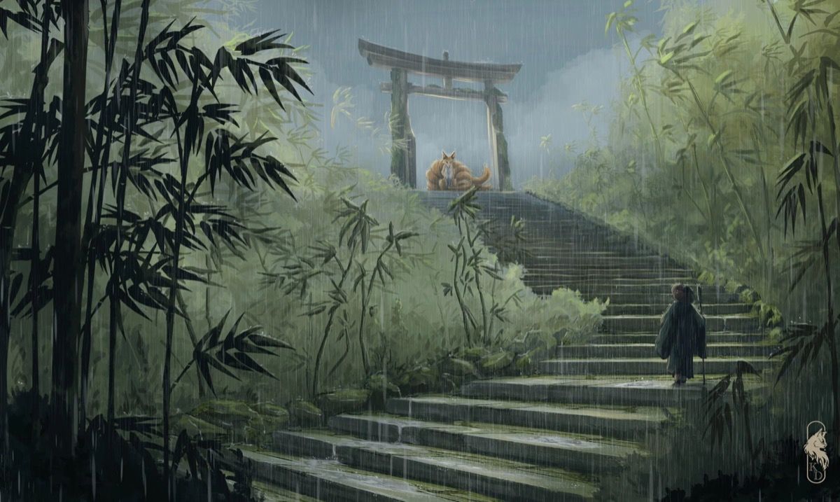 Versión lluviosa del paisaje de escalinata de piedra y portal torii, con atmósfera húmeda y criatura mística, ilustración ambiental por Maria Alonso