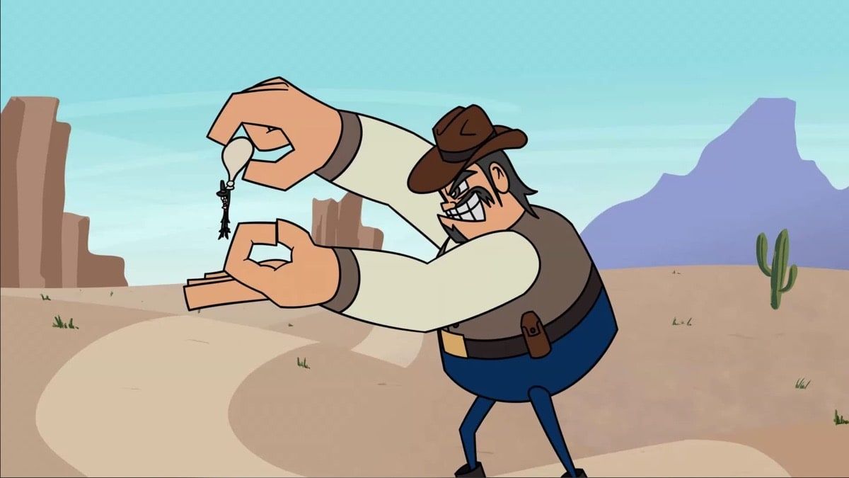 Ilustración 2D de vaquero caricaturesco sujetando a un personaje diminuto en un paisaje del oeste, animación de estilo cartoon