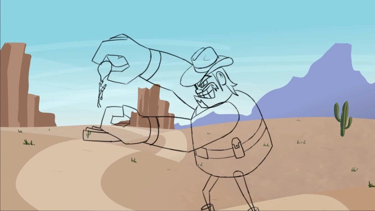 Boceto animado 2D en línea del mismo vaquero caricaturesco sujetando a un personaje diminuto, sobre fondo de paisaje desértico