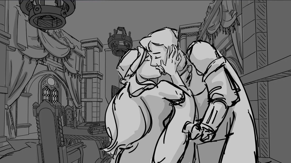 Dibujo de storyboard con dos personajes abrazándose en un entorno palaciego, mostrando emoción y ambiente detallado