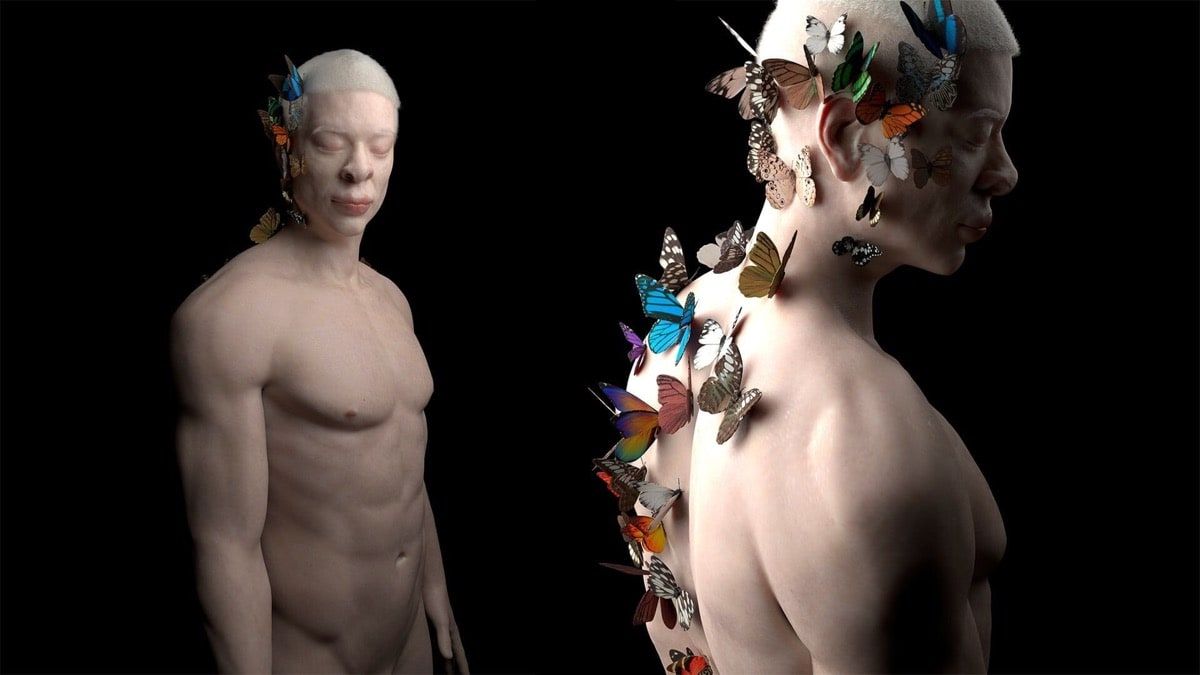 Modelado orgánico del torso y cabeza de un hombre frontal y trasera de apariencia albina con mariposas de colores en la espalda