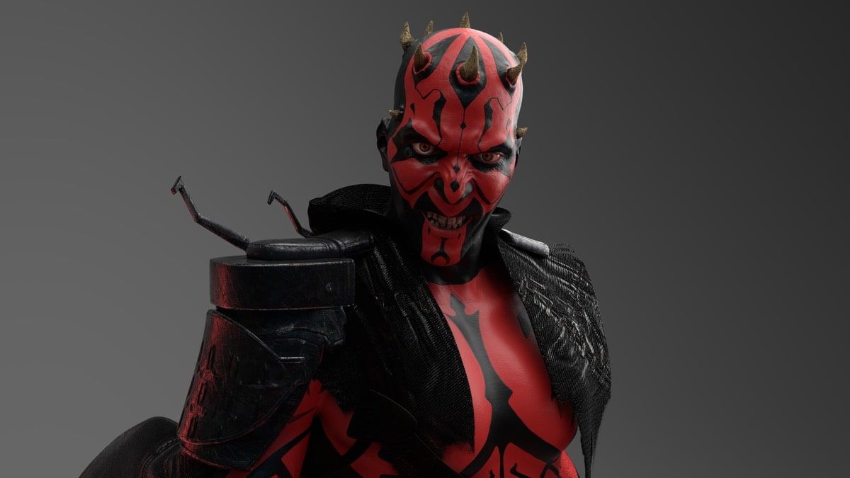 Detalle de busto 3D de personaje con piel roja, tatuajes negros y cuernos, esculpido en modelado orgánico