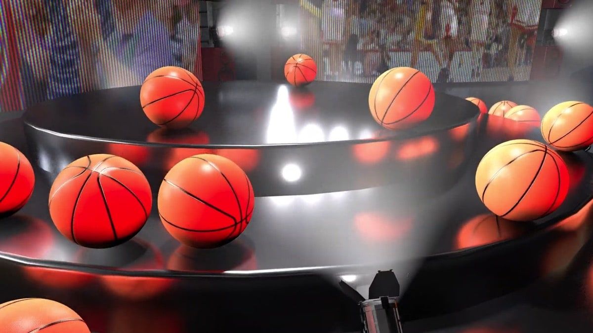 Escena motion graphics 3D de balones de baloncesto iluminados sobre plataformas circulares negras con focos y ambiente de estadio, creada en el máster superior en motion graphics