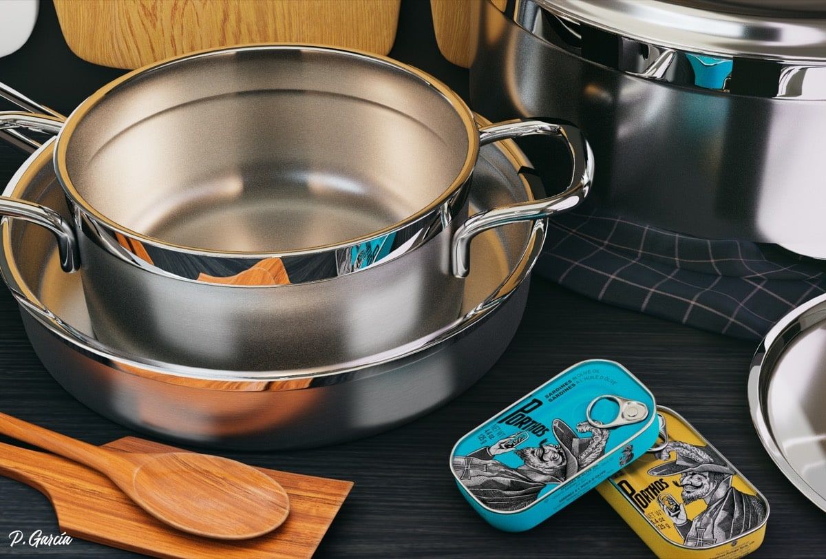 Bateria de cocina modelada en 3d