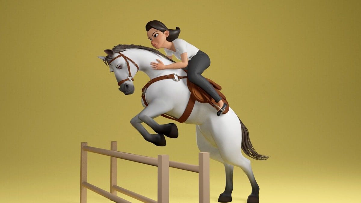 Caballo blanco 3D saltando una valla con jinete femenino, escena de animación sobre fondo amarillo realizado por Rocio Rosella