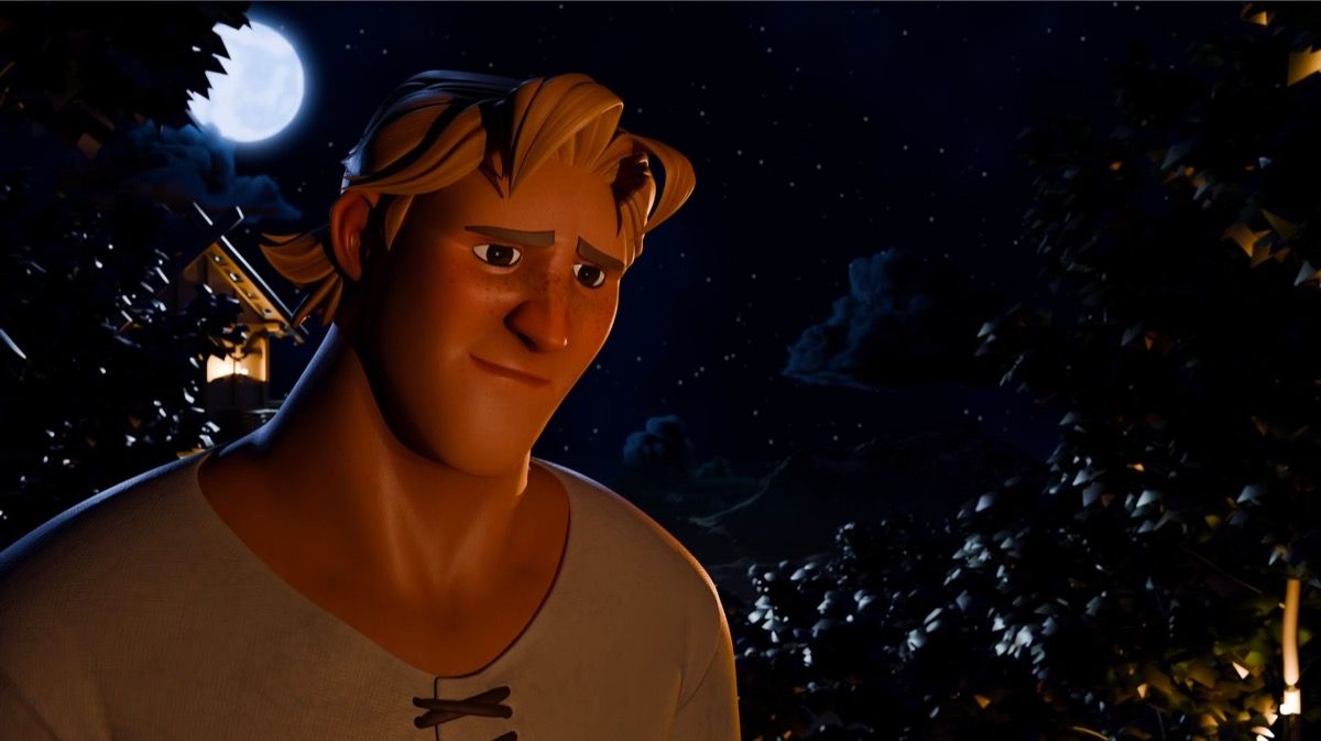 Hombre joven de complexión atlética y cabello rubio, vestido con camisa beige, bajo la luz de la luna rodeado de árboles y cielo estrellado.