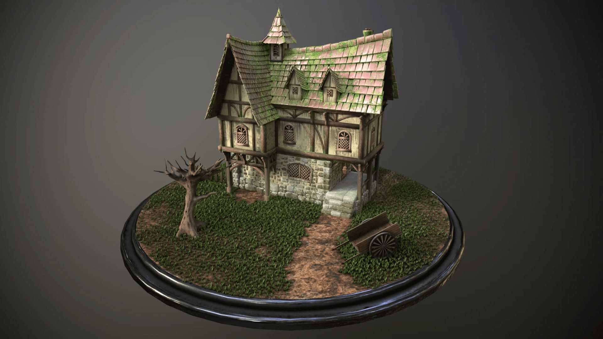 Modelo 3D de una casa medieval de dos plantas con tejado musgoso, un árbol seco y un carro en una base circular Por Dario