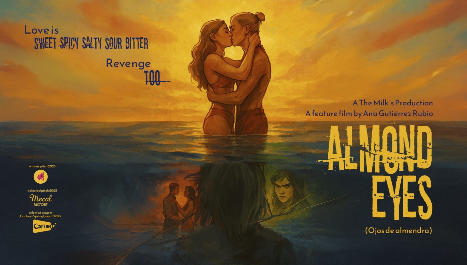 Póster de película "Almond Eyes" mostrando pareja abrazada en el mar al atardecer, con lema sobre el amor y venganza.