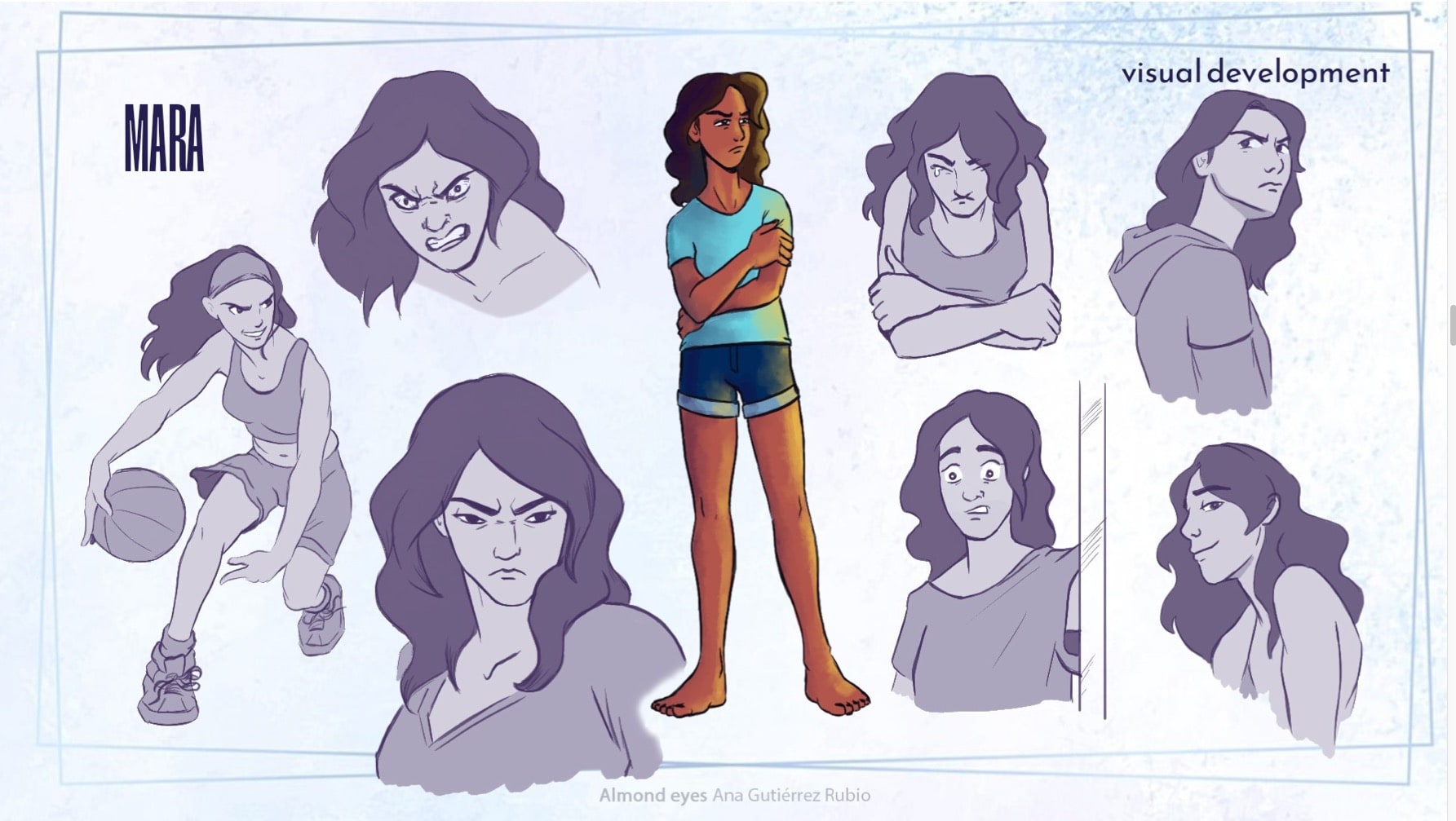 Hoja de diseño visual con personaje femenino llamado Mara, distintas poses y expresiones, técnica digital.