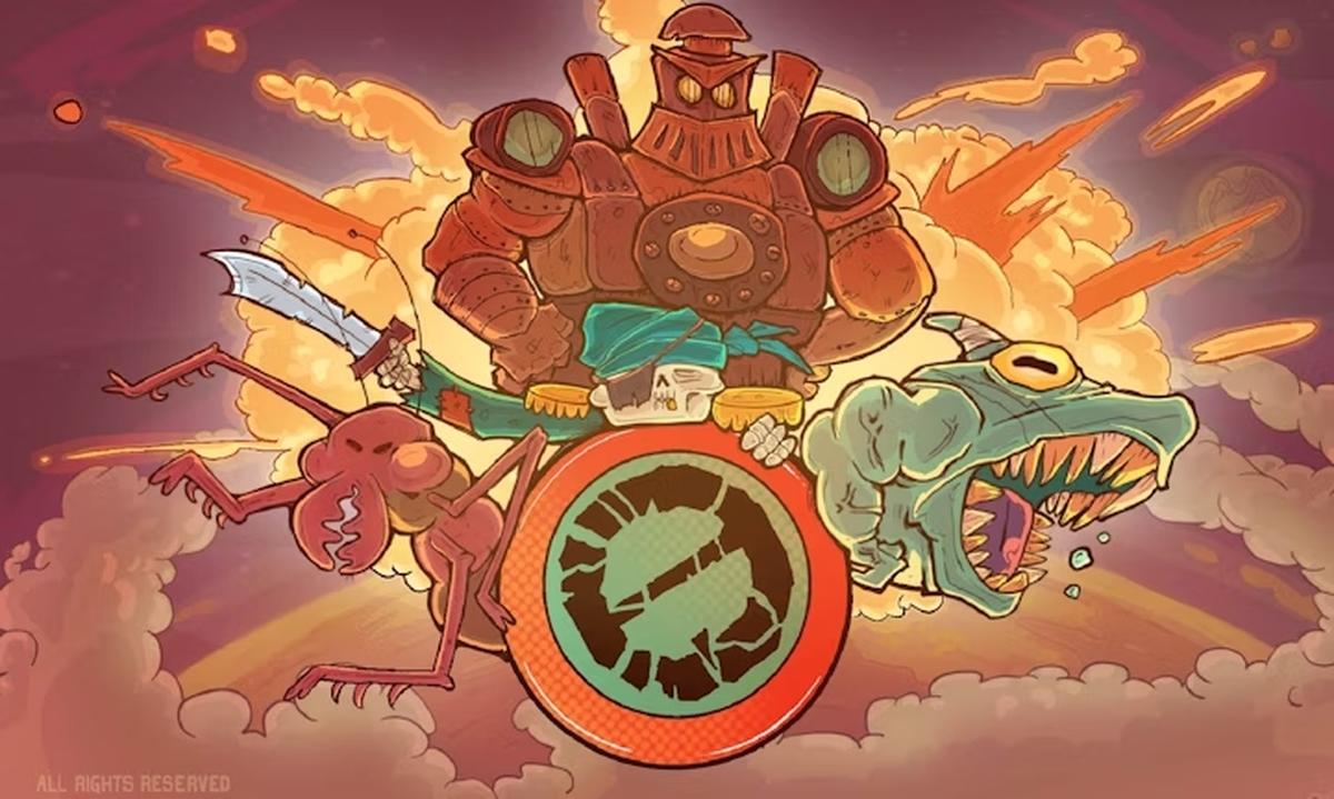 Ilustración colorida de robot guerrero con escudo y dos bestias acompañantes contra fondo explosivo y cómic.
