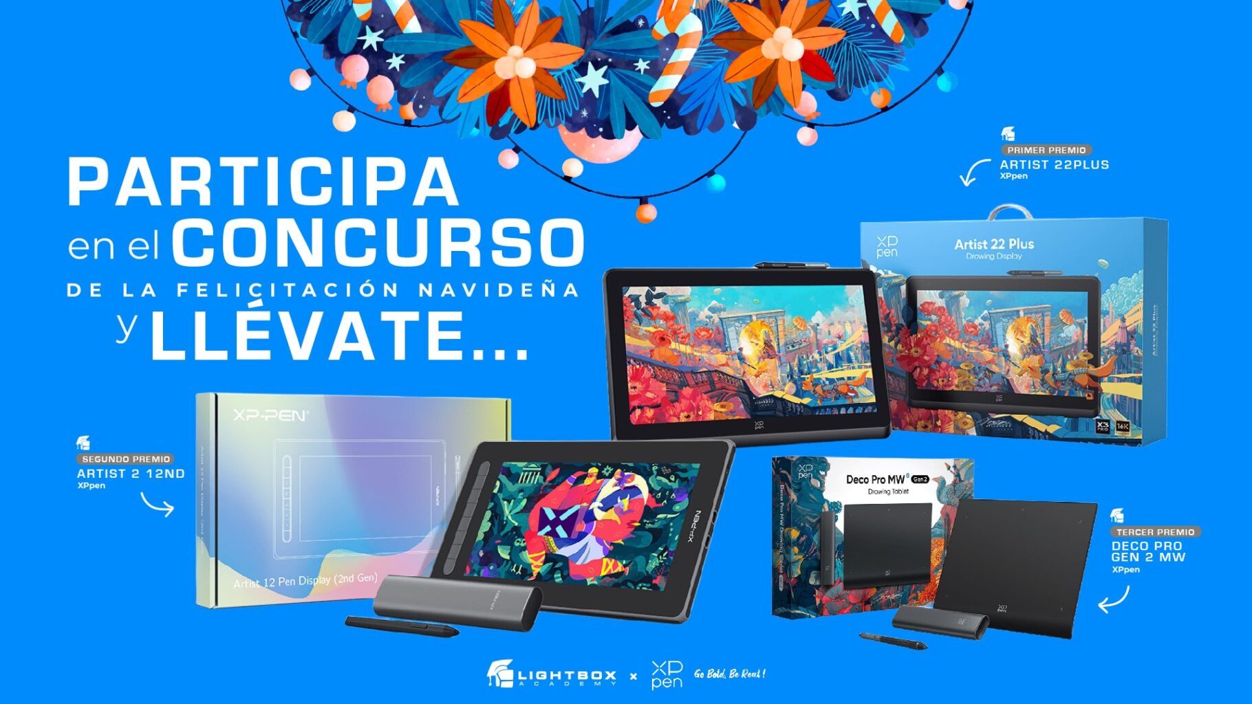 Premios del Concurso Felicitacion Navidad Lightbox Academy tabletas y pantallas gráficas sobre fondo plano azul