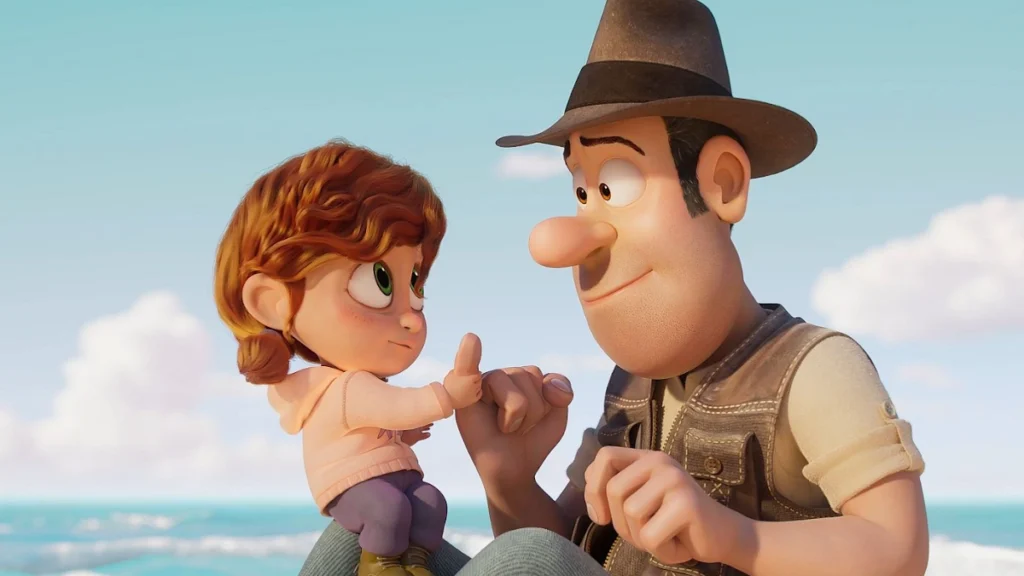 Tadeo Jones sonríe a una niña mientras ambos juntan sus manos en una escena de animación 3D.
