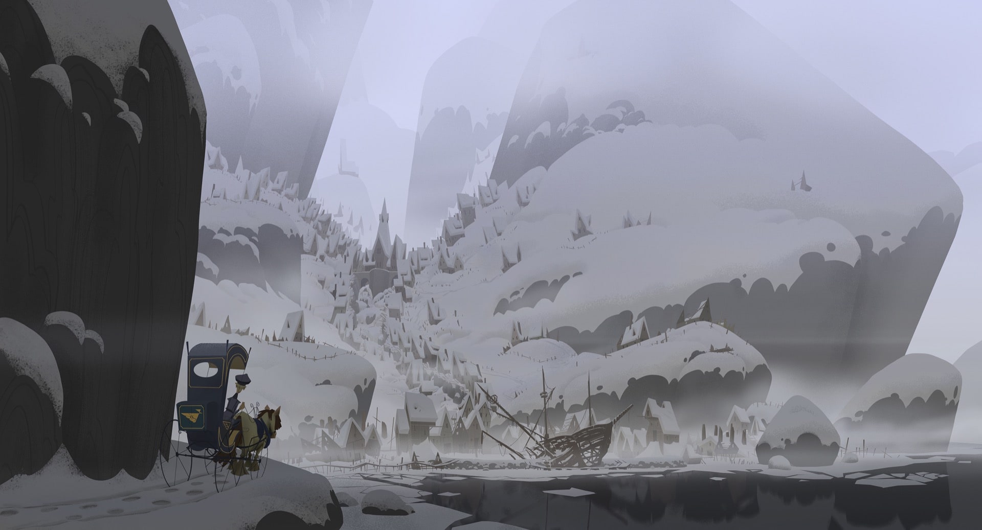 Ilustración panorámica de un pueblo costero nevado con montañas gigantes al fondo, carruaje con caballo y barco varado.