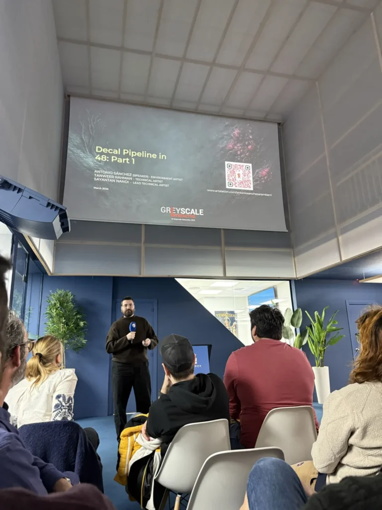 Presentación técnica sobre Decal Pipeline en Unreal Engine durante el evento Unreal Madrid Meetup