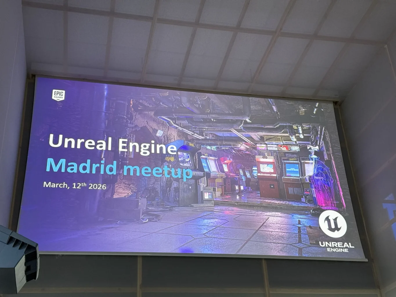 Pantalla de presentación del evento Unreal Engine Madrid Meetup celebrado en Lightbox Academy