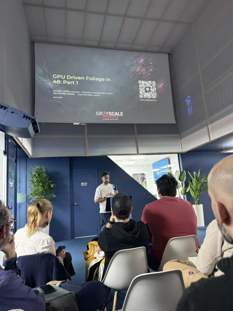 Charla técnica sobre GPU Driven Foliage en Unreal Engine durante el meetup celebrado en Lightbox Academy