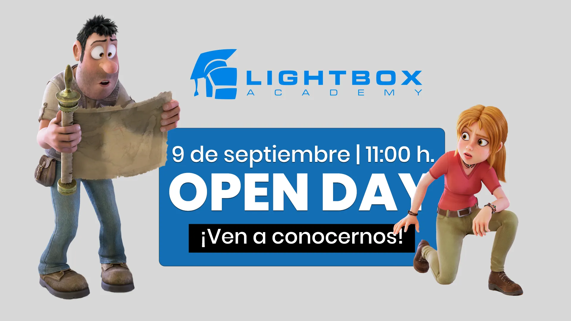 Cartel del Open Day de Lightbox Academy con personajes de animación invitando a conocer la escuela y su oferta formativa en animación, VFX, videojuegos, diseño e ilustración.