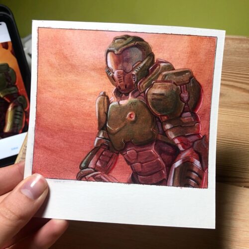 Ilustración tradicional de personaje con armadura futurista realizada con técnica pictórica.