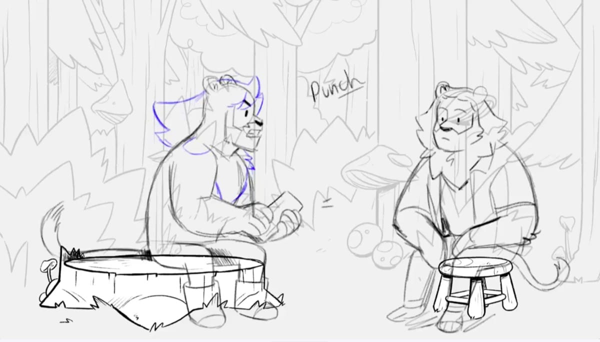 Animática de una escena de acting entre dos personajes antropomórficos realizada por Diego Marquina, alumno del Máster de Alta Especialización en Animación 2D de Lightbox Academy, donde se trabajan interpretación, timing y puesta en escena.