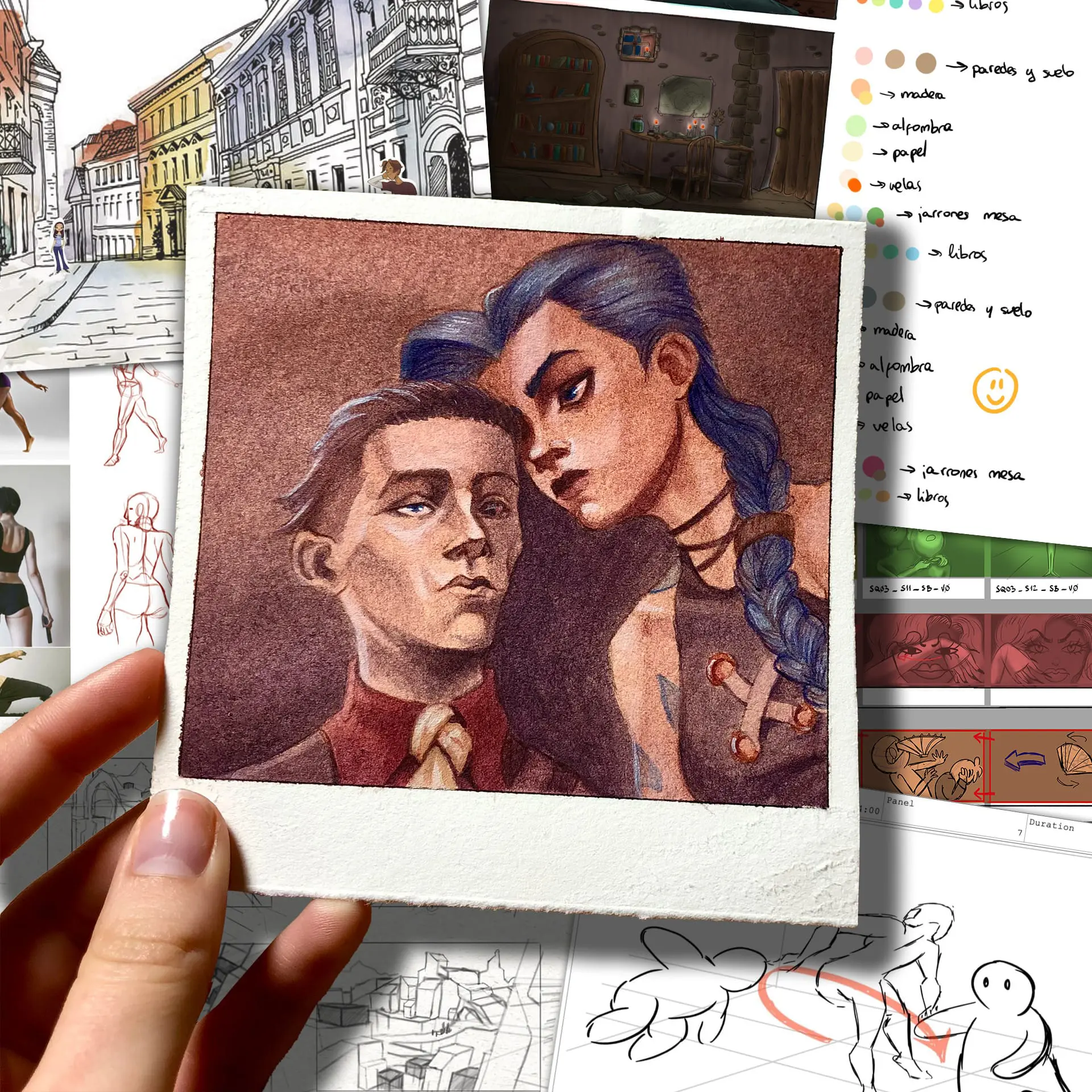 Trabajos de alumnos de storyboard, concept art, diseño de personajes, ilustración digital y narrativa visual para animación y videojuegos.