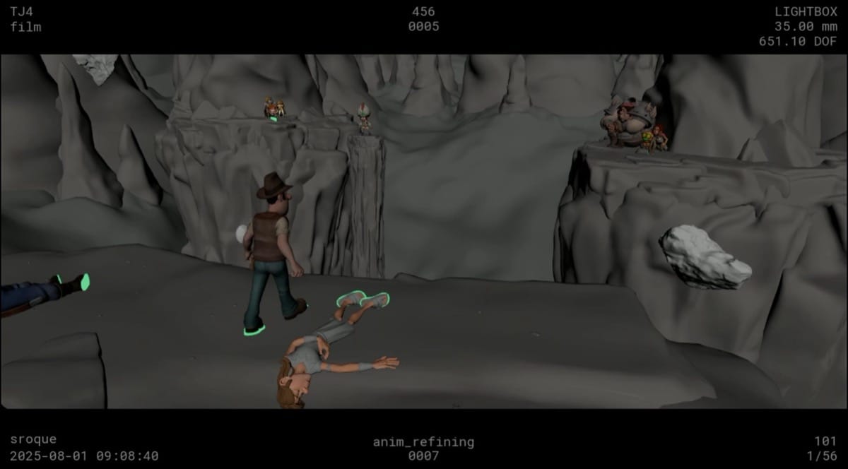 Plano en fase de layout y animación de una secuencia de Tadeo Jones y la Lámpara Maravillosa antes de la iluminación y el render final.