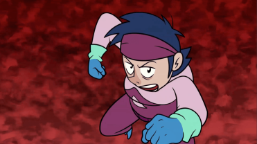 Personaje femenino de estilo cartoon con traje morado y pelo azul, sosteniendo una esfera azul-verde sobre fondo rojo abstracto.