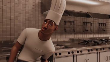 Personaje animado 3D de chef con uniforme blanco y gorro, en una cocina profesional con azulejos blancos.