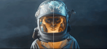 Astronauta con casco futurista dividido mostrando comparativa antes/después de efectos visuales, con reflejos de la Tierra y elementos espaciales.