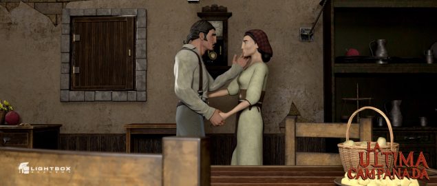 Pareja animada conversando en cocina rústica con luz cálida, ambiente siglo XIX