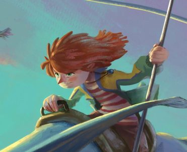 Ilustración digital de estilo pictórico donde una niña de cabello rojizo pilota una criatura voladora con montura y riendas; viste abrigo amarillo y camiseta de rayas, fondo de cielo azul verdoso con pinceladas dinámicas